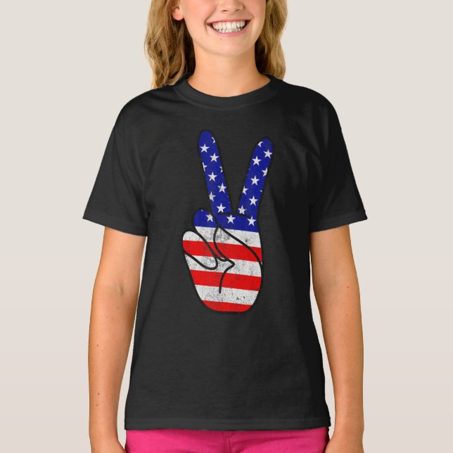 T-shirt American Flag Peace Sign Hand Patriotic 4th Of Jul (Devant)
