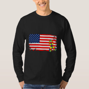 T-shirt American Flag Ribbon Autisme Mois Ruban Puzzle Di