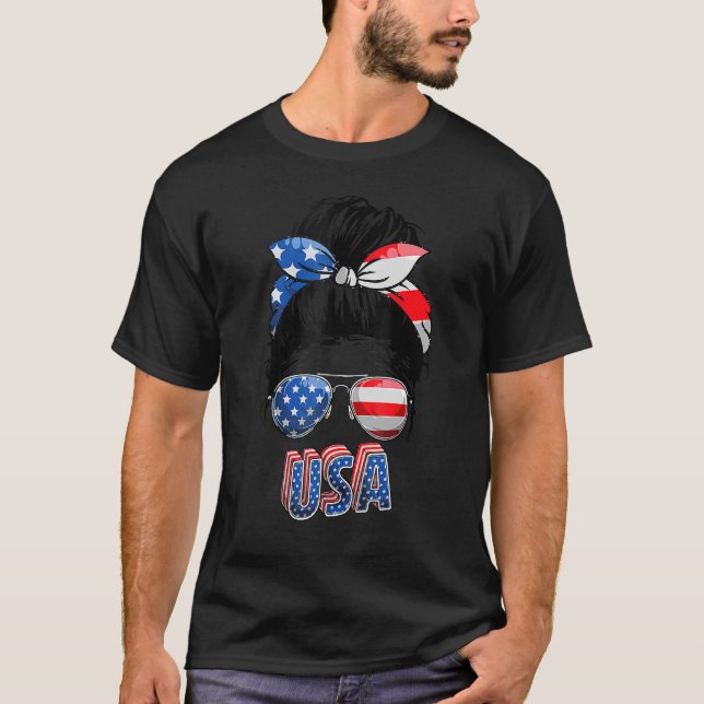 T-shirt American Mom Life Messy Bun Femmes 4 juillet fille (Devant)