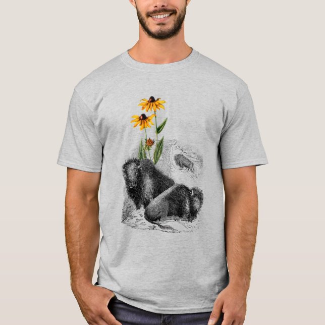 T-shirt American West Western Motif Buffalo Bison Flower  (Devant)