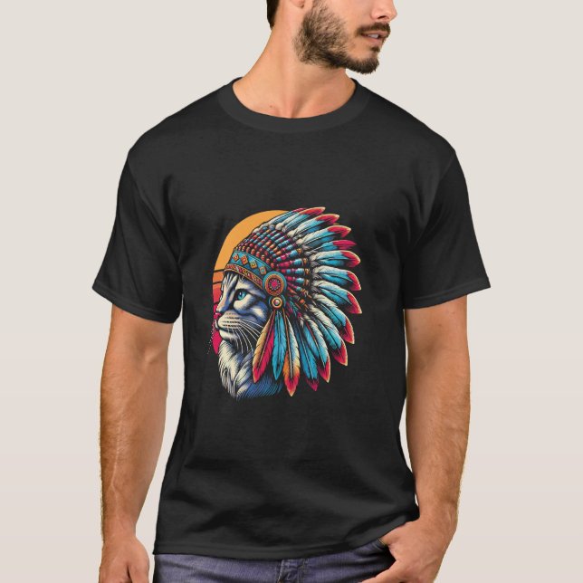 T-shirt Amérindienne Américaine Chat Headdress Hommes Femm (Devant)
