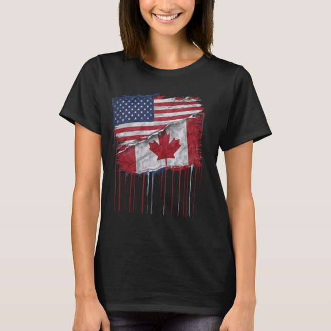 T-shirt Amérique Canada Drapeaux Demi Américain Demi Canad (Devant)
