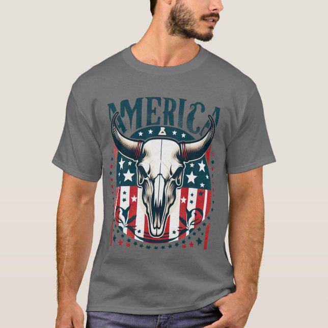 T-shirt Amérique Crâne de vache 4 juillet drapeau (Devant)