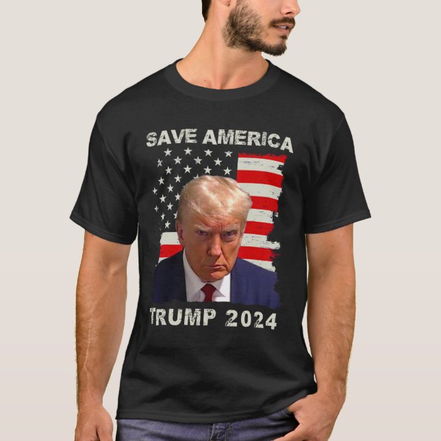 T-shirt Amérique Libérez Trump Mug Shot 2024 drapeau améri (Devant)