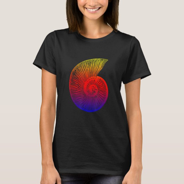 T-shirt Ammonite Rouge Bleu Jaune Conception Fossile (Devant)