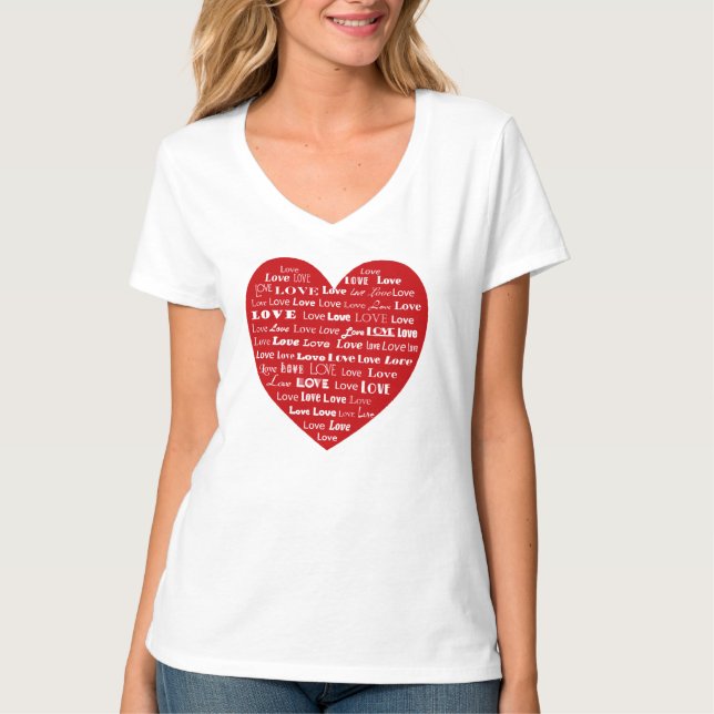 T-shirt Amour Coeur Mot Cloud, Blanc sur Rouge Profond (Devant)