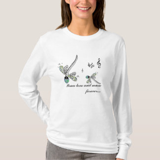 T-shirt amour et musique de paix de libellule pour