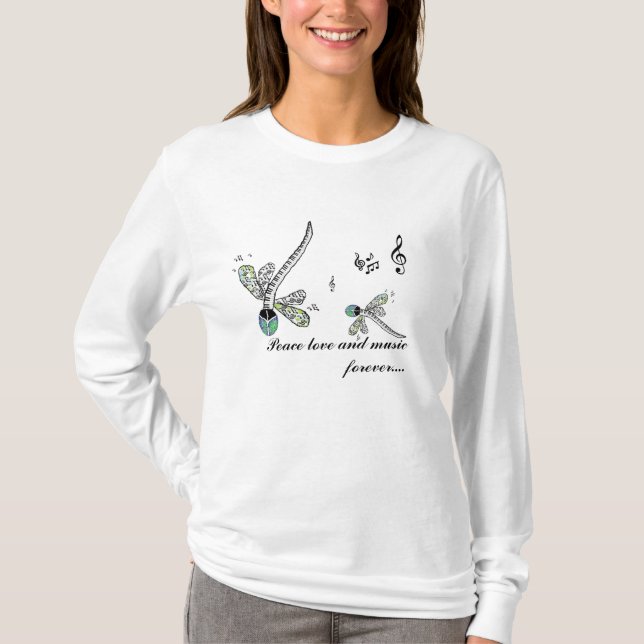 T-shirt amour et musique de paix de libellule pour (Devant)