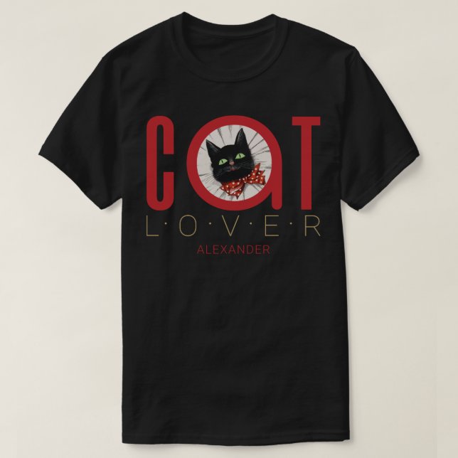 T-shirt Amoureux des chats Red Black Green Bow Cravate Nom (Design devant)