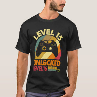 T-shirt Amusant 15 Ans Joueur Vintage Retro Niveau 15 Un