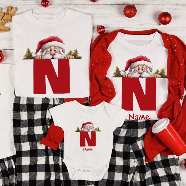 T-shirt Amusant Monogramme Famille Noël Personnalisé Rouge (Créateur téléchargé)