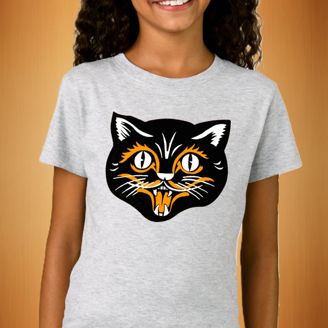 T-Shirt Amusant Souriant Halloween visage Chat noir avec o (Fun laughing Halloween black cat face with orange and white accents on kids's tee shirt.)
