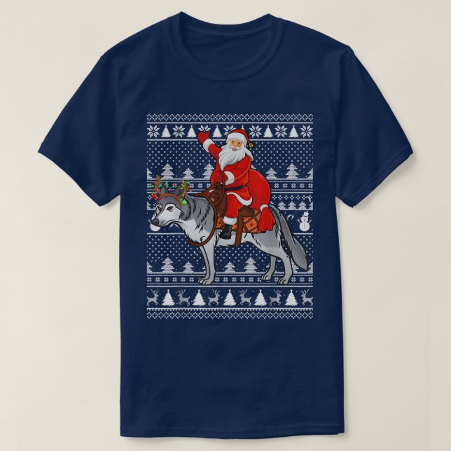 T-shirt Amusant Wolf Lover Père Noël équitation Wolf Laid  (Design devant)