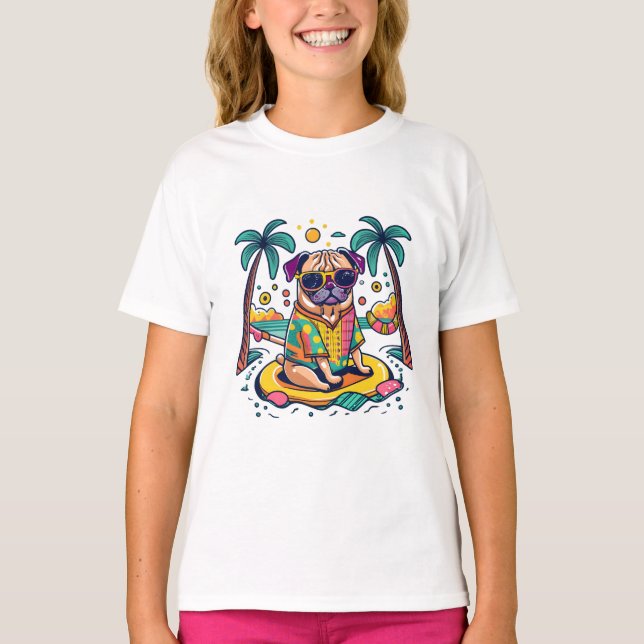 T-shirt Amusement d'été avec un mignon chien Carlin dans l (Devant)