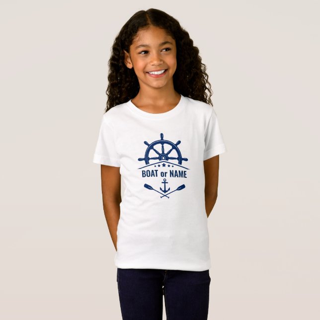 T-Shirt Ancre Oars Navires Roue Bateau ou nom Bleu et blan (Devant entier)