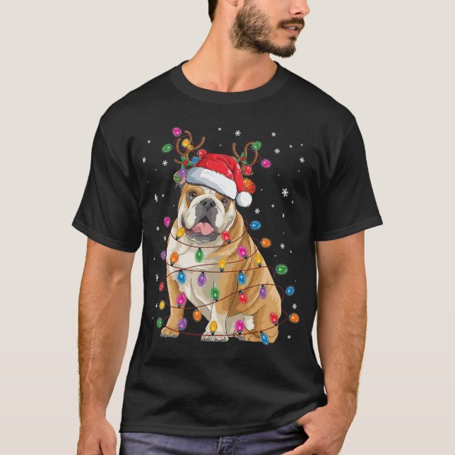T-shirt Anglais Bulldog Christmas Reindeer Santa Hat Funny (Devant)