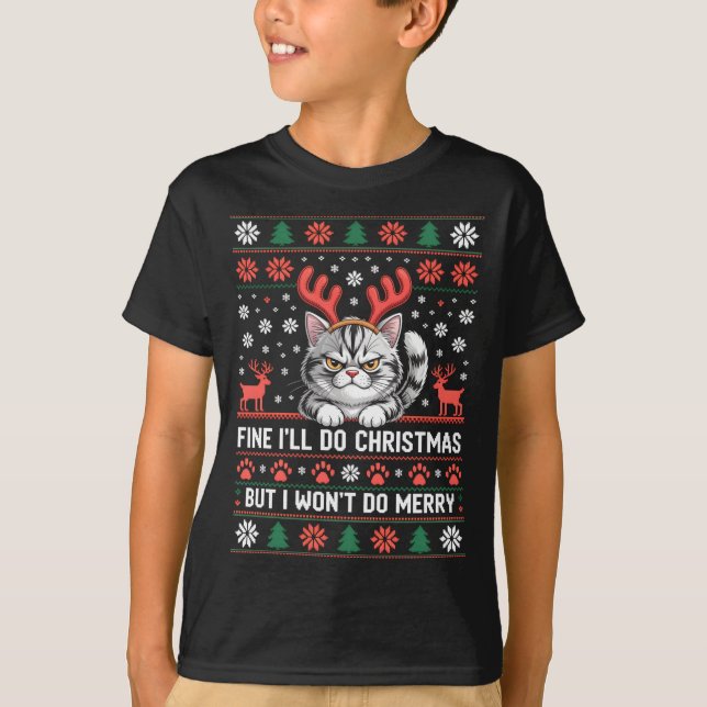 T-shirt Angry Antler Cat Funny Xmas Ugly Sweater Long Slee (Devant)