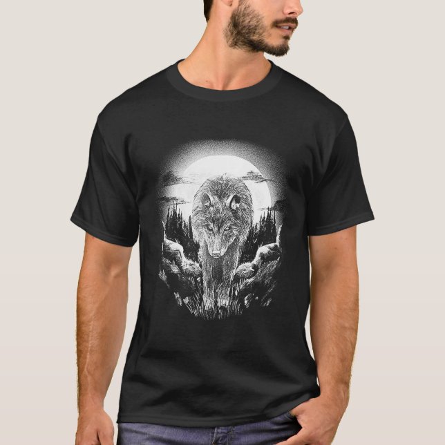 T-shirt Animaux de loup en forêt Lune paysage nocturne (Devant)