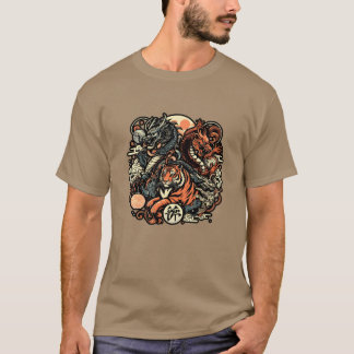 T-shirt Animaux japonais dragons et tigres amis