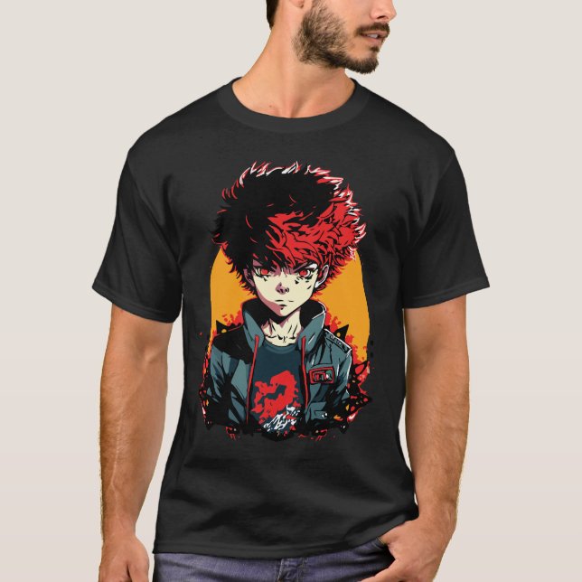 T-shirt Anime Boy : Illustration de cheveux rouge et noir (Devant)
