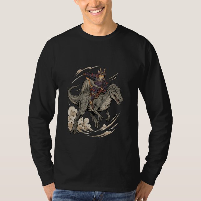T-shirt Anime Cat Funny Samurai Cat Riding Dinosaur Spinos (Devant)