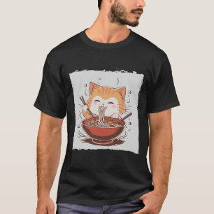 T-shirt Anime Chat Mignon Mangeant des Nouilles Ra