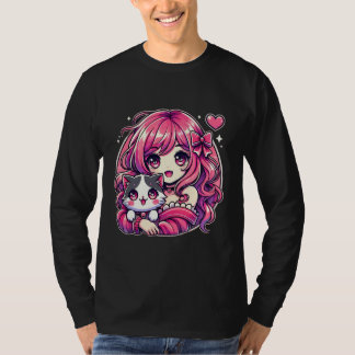 T-shirt Anime Girl and Cat Kawaii Manga Girl