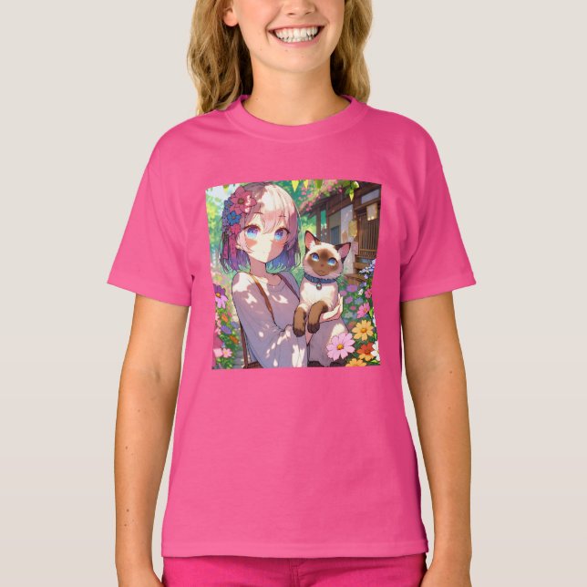 T-shirt Anime Girl et chat siamois (Devant)
