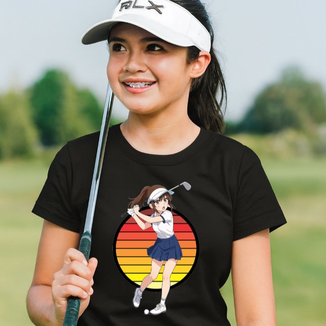 T-shirt Anime Golfer Girl On Retro Sunset Template (Créateur téléchargé)
