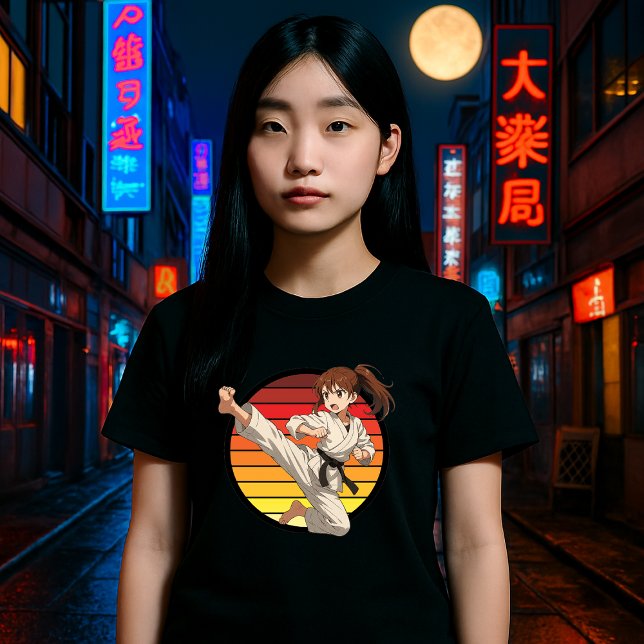 T-shirt Anime Karate Girl On Retro Sunset Template (Créateur téléchargé)