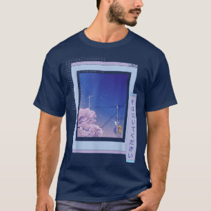 T-shirt Anime Vaporwave Ville japonaise de nuit Cerisier e