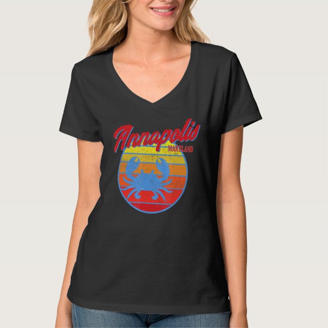T-shirt Annapolis Md Retro Crabe Bleu Océan Coucher de sol (Devant)