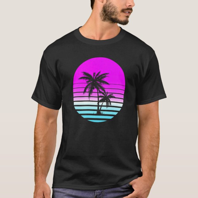 T-shirt Années 80 Vaporwave Sunset Palm Trees Bea (Devant)