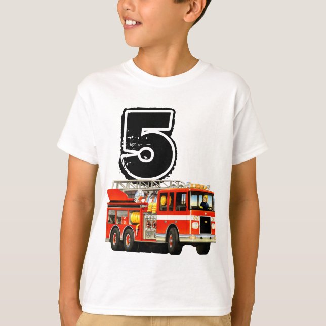 T-shirt Anniversaire de camion de pompiers rouge fait sur (Devant)