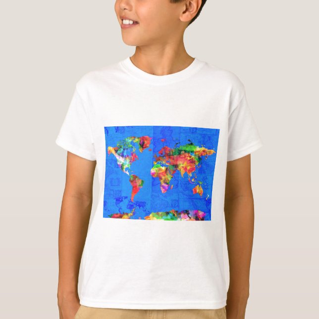 T-shirt aquarelle 1 de carte du monde (Devant)