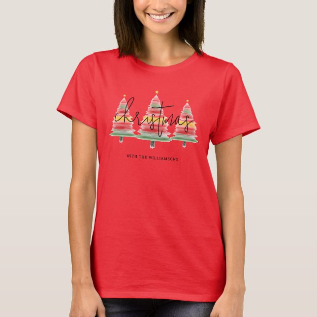 T-shirt Aquarelle Arbres de Noël Rouge (Devant)