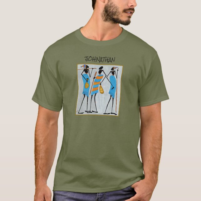 T-shirt Aquarelle Art Africain, Kenya Massaï Guerriers (Devant)