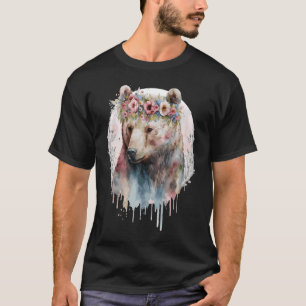 T-shirt Aquarelle artistique Grizzli Ours Fleur Couronne B