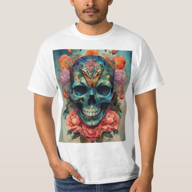 T-shirt Aquarelle avec crânes, teintes Moth et Gras (Devant)