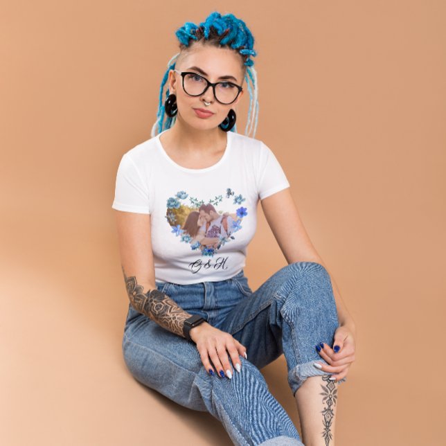 T-shirt Aquarelle bleu chic Coeur floral Photo Valentines (Créateur téléchargé)