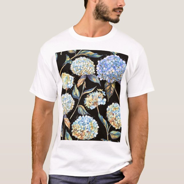 T-shirt Aquarelle Blue Hydrangea : Motif foncé sans couleu (Devant)