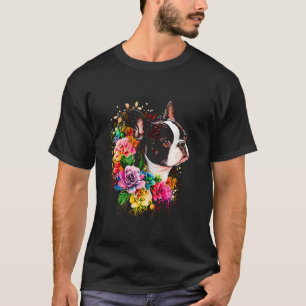 T-shirt Aquarelle Boston Terrier avec fleurs Bostie 16