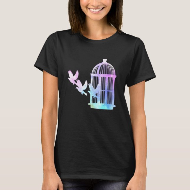 T-shirt Aquarelle Cage Oiseaux Volant Art Oiseau Observati (Devant)