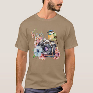 T-shirt Aquarelle Caméra florale avec amis d'oiseaux