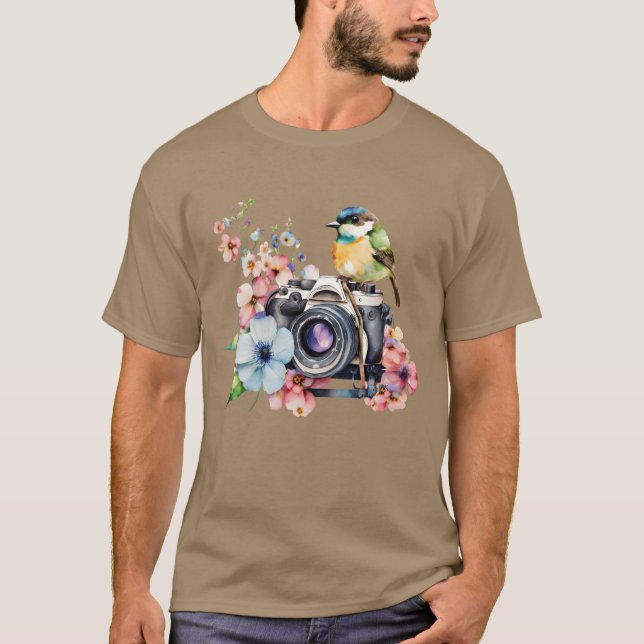T-shirt Aquarelle Caméra florale avec amis d'oiseaux (Devant)