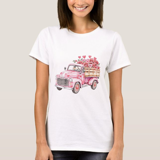 T-shirt aquarelle Camion rose avec Coeurs et fleurs (Devant)