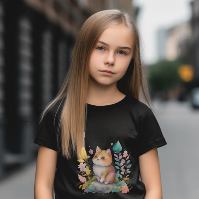 T-Shirt Aquarelle Chat orange avec Fleurs (Créateur téléchargé)