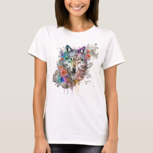T-shirt Aquarelle colorée Wolf et Florals dans la nature