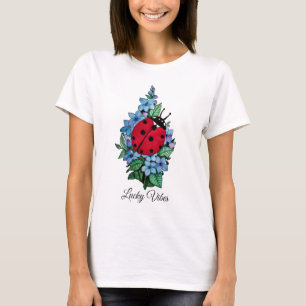T-shirt Aquarelle Cute Ladybug Avec Fleurs Bleues Sauvages