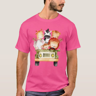 T-shirt Aquarelle Cute Safari Animaux Dans La Voiture Lion
